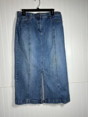 Vintage Villager Jean Full Length Skirt Size 12 Stretch Blue Denim Pockets Y2K